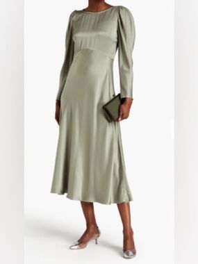 GHOST London Rosaleen Satin-Crepe Long-Sleeve Midi Dress Sage Green NWT